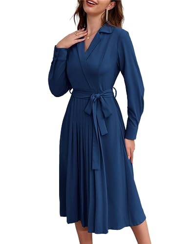 Damen Elegante A-Linie Businesskleid Lange Ärmel Casual Reverskragen Büro Kleid mit Taillengürtel Faltenrock Herbst Kleid Midi Navy Blau XXL von GRACE KARIN