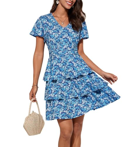Damen Elegante A-Linie Kleid Slim Fit Hohe Taille Freizeitkleid Mini Rüsche Knielang Sommerkleid Blaue Blumen XXL von GRACE KARIN