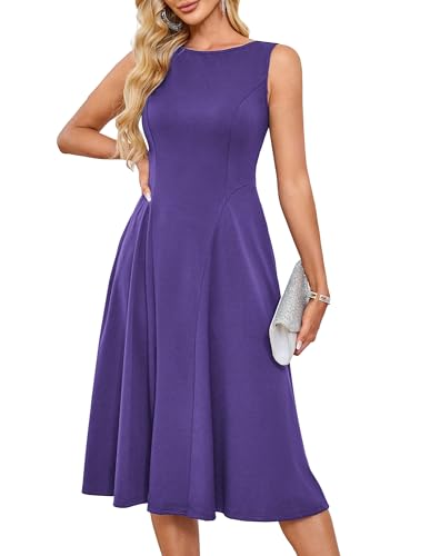 Damen Elegante A-Linie Slim Fit Cocktailkleid 1950er Vintage Retro Midi Kleider Ärmelloses Rockabilly Kleider mit Taschen Dunkelviolett M von GRACE KARIN