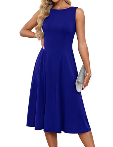 Damen Elegante A-Linie Slim Fit Cocktailkleid 1950er Vintage Retro Midi Kleider Ärmelloses Rockabilly Kleider mit Taschen Königsblau M von GRACE KARIN
