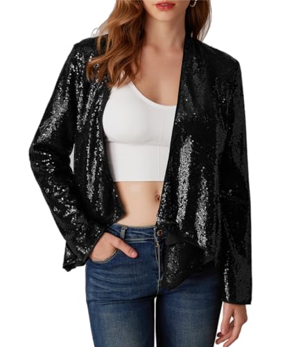 Damen Elegante Pailletten Jacke Leichte 1950er Retro Jacke Glitzer Vorne Offene Strickjacke Festliche Outfits Party Abend Schwarz XXL von GRACE KARIN