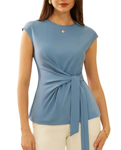 Damen Elegante Wickelbluse Rundhalsausschnitt Bluse Leichte Bequeme Shirt Business Kurzarm Oberteile Sommer Top Freizeit Grau Blau L von GRACE KARIN