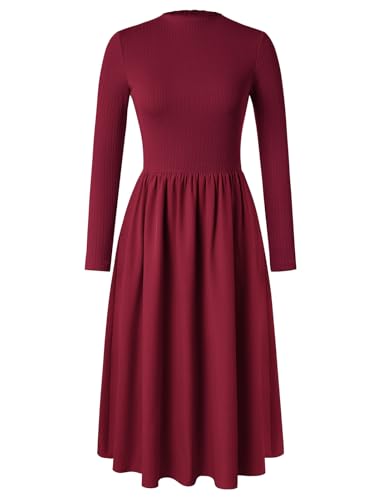Damen Elegantes A-Linien-Strickkleid Herbst Freizeitkleid Hohe Taille Langarmkleid Weinrot XXL von GRACE KARIN