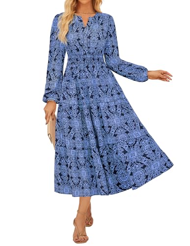 Damen Elegantes Blumen Kleid Lang V Ausschnitt Elastische Taille A-Linie Langarm Maxikleid CL37-03/Marineblaue Blume L von GRACE KARIN