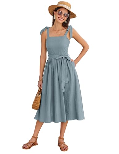 Damen Elegantes Freizeitkleid Mit Gürtel Sommer Ärmellos A Linien Midikleid Mit Taschen Grau Blau S von GRACE KARIN