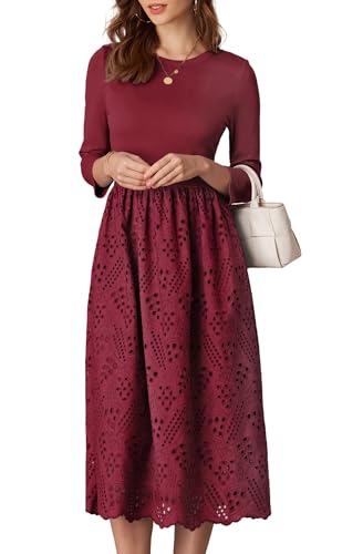Damen Elegantes Hochzeitsgastkleid Herbstkleid Langarm Hohe Taille Ausgestelltes A-Linien Kleid Weinrot S von GRACE KARIN