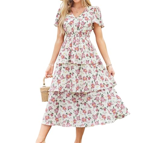 Damen Fashion Gesmoktes Kleid Solid Farbe Glitzer Partykleid Elegant Strand Schwimmbad Urlaub Blumenkleid XL Rote Blume von GRACE KARIN