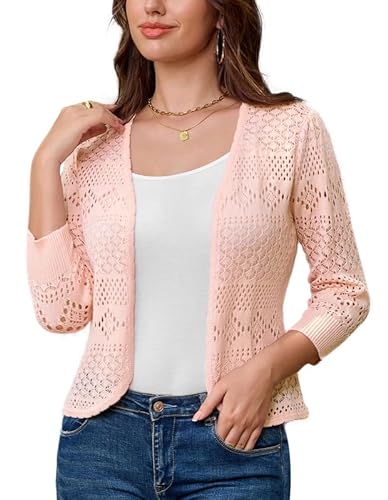 Damen Festlich Strickjacke 3/4 Ärmel Open Front Copped Bolerojacke Elegant Ausgehöhltes Solide Cardigan Hell-Pink S von GRACE KARIN