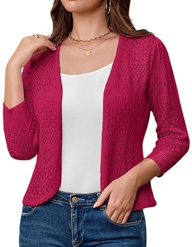 Damen Festlich Strickjacke 3/4 Ärmel Open Front Copped Bolerojacke Elegant Ausgehöhltes Solide Cardigan Rose Rot S von GRACE KARIN