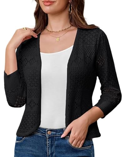 Damen Festlich Strickjacke 3/4 Ärmel Open Front Copped Bolerojacke Elegant Ausgehöhltes Solide Cardigan Schwarz S von GRACE KARIN