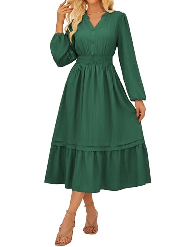 Damen Festliche Kleider Strandkleid Maxikleid Langarm Sommerkleid Swing Langarm Musselin Kleid für Damen Herbst Grün XL von GRACE KARIN