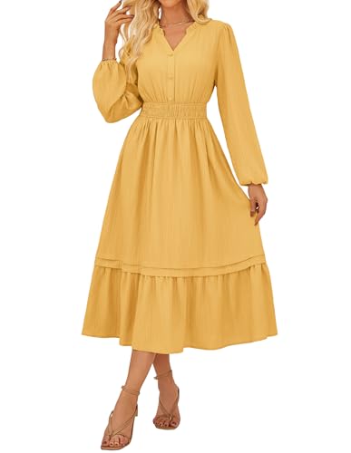 Damen Festliche Kleider Strandkleid Maxikleid Langarm Sommerkleid Swing Langarm Musselin Kleid für Damen Herbst Kurkuma XL von GRACE KARIN
