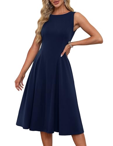 Damen Formell Midikleid Rundhals Elegant Cocktailkleid A-Linie Swing Einfarbige Hochzeitgast Kleid Retro Geschnitt Abendkleid Dunkelblau XL von GRACE KARIN
