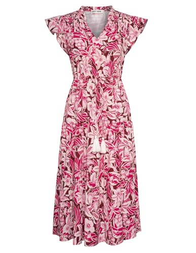 Damen Freizeit Sommerkleider Hochzeitsgast A-Linie Blumen Midi Kleid Flatterärmel Lange Swing Boho Stufen Swing Kleid Pink Floral S von GRACE KARIN