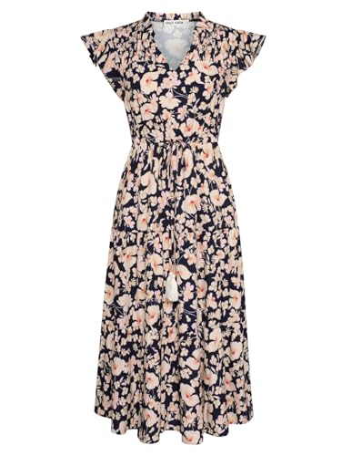 Damen Freizeit Sommerkleider Hochzeitsgast A-Linie Blumen Midi Kleid Flatterärmel Lange Swing Boho Stufen Swing Kleid Pink M von GRACE KARIN