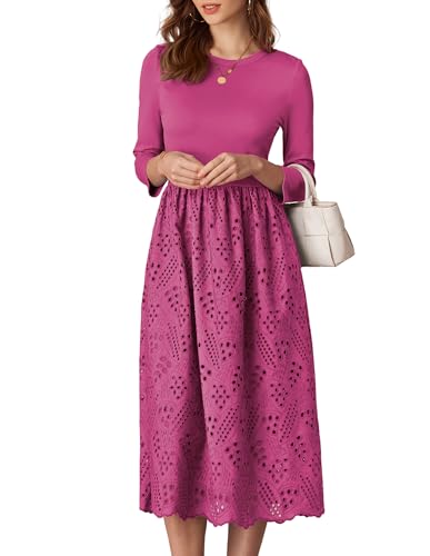 Damen Freizeitkleid Rundhalsausschnitt Hohles Einfarbiges Kleid mit Taschen 3/4-Ärmel Ausgestelltes A-Linien Pink L von GRACE KARIN