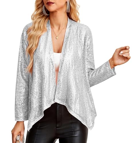 Damen Funkelnde Pailletten Bolero Festliche Lockere Kurze Strickjacke Elegant Formal Cardigan für Abendkleid Silber Weiß S von GRACE KARIN