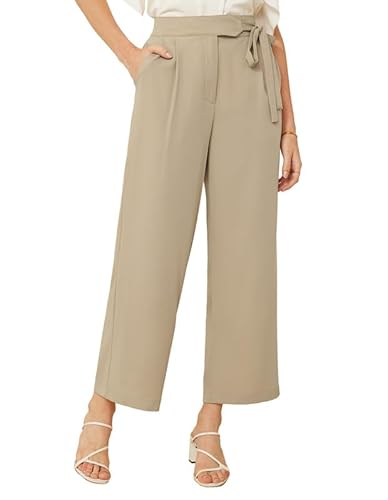 Damen Gerade Anzughose Hohe Taille Hose Loose Casual Arbeitsanzughose Elegant Büro Pants mit Gummibund Khaki XL von GRACE KARIN