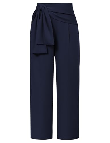 Damen Gerade Hose Loose Lange Hosen Einfarbig Lässige Elastische Taille Trousers mit Gürtelverzierung Dunkelblau 2XL von GRACE KARIN