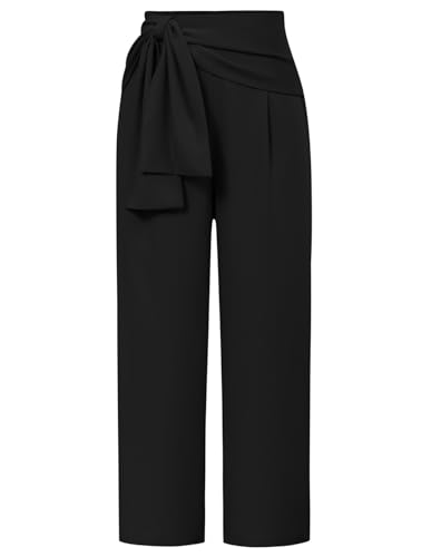 Damen Gerade Hose Loose Lange Hosen Einfarbig Lässige Elastische Taille Trousers mit Gürtelverzierung Schwarz 2XL von GRACE KARIN