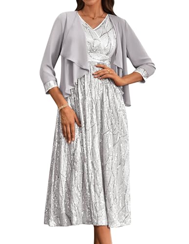 Damen Glitzer Pailletten Partykleid Formel mit Chiffon Maxikleid Ärmellos Hohe Taille Abendkleid Swing A-Linie Vintage Cocktailkleid Silbergrau 42 von GRACE KARIN