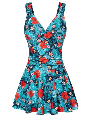 Damen Großer Einteiliger Badeanzug mit Rock Sommer Ärmellos Badeanzug Blemen Badekelid Navy Blau-Grüne Blumen M von GRACE KARIN