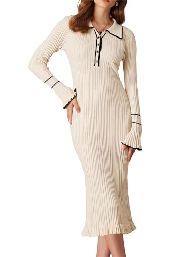Damen Herbst Winter Warm Maxi Strickkleid Langarm Kontrastfarbe Polo-Pullover Party Cocktail Club Kleid Aprikose M von GRACE KARIN