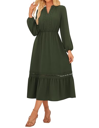 Damen Herbstkleider Elegante V-Ausschnitt A-Linie Kleider mit Taschen Retro Country Style Armeegrün S von GRACE KARIN