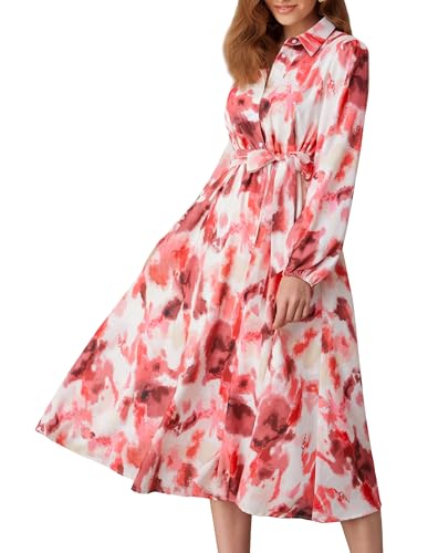 Damen Herbstliches A Linien Midikleid Freizeit Laternenärmeln Hoher Taille Kleid Blumenkleid mit Gürtel Grün-Orangenblüte L von GRACE KARIN