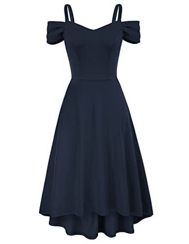 Damen High-Low Saum Faltenrock Schulterfrei Abendkleid Elegant V-Ausschnitt Spagehtti Träger Cocktailkleid XL Navy Blau CL1742A22-02 von GRACE KARIN