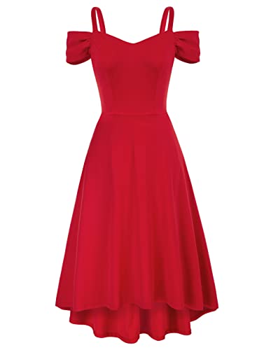 Damen High-Low Saum Faltenrock Schulterfrei Abendkleid Elegant V-Ausschnitt Spagehtti Träger Cocktailkleid XL Rot CL1742A22-03 von GRACE KARIN