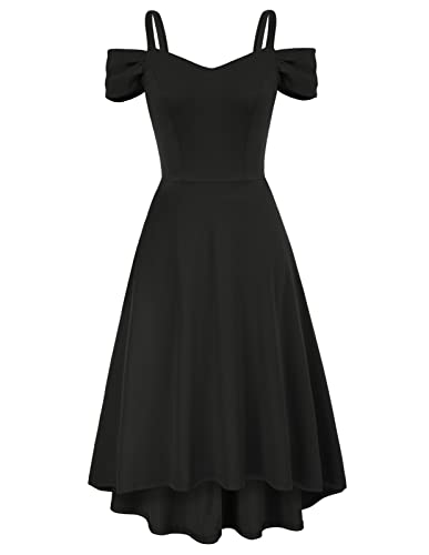 Damen High-Low Saum Faltenrock Schulterfrei Abendkleid Elegant V-Ausschnitt Spagehtti Träger Cocktailkleid XL Schwarz CL1742A22-01 von GRACE KARIN