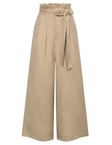 Damen High Waist Lange Hosen mit Gürtelverzierung Lässige Loose Pants Khaki L von GRACE KARIN