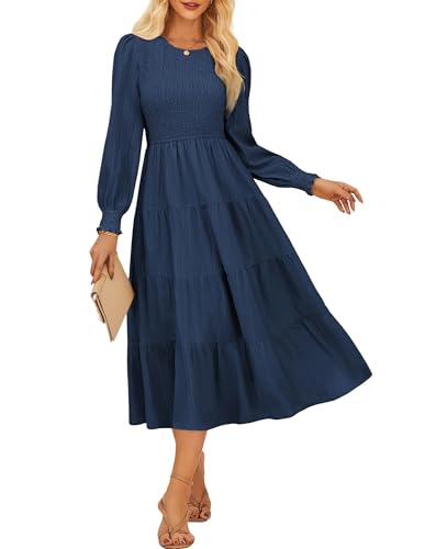 Damen Hochzeitsgast Kleid A Linien Langarm Rundhals Freizeit Slim Fit Maxikleid mit Taschen CL145-04/Marineblau L von GRACE KARIN