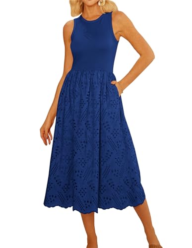 GRACE KARIN Damen Freizeitkleider Ärmelloses Tankkleid A Line Midikleid Unifarben Sonntagskleider mit Taschen Königsblau XL von GRACE KARIN