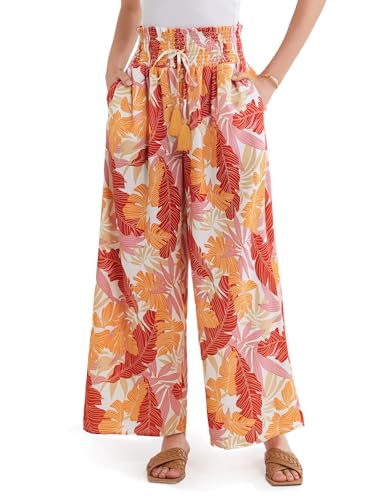 Damen Hohe Taille Lange Palazzo Hosen Lässige Loose Pants Mit Taschen Orange-Tropische Blätter XL von GRACE KARIN