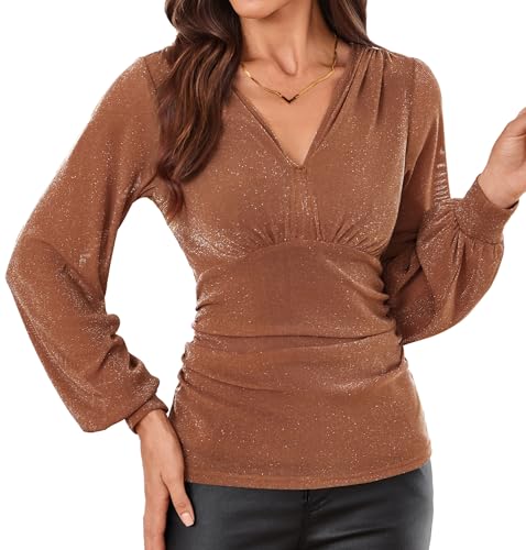 Damen Hohe Taillen Plissiert Tuniken Langarm 2025 Herbst Winter Party Bluse Chic Rockabilly Tops Kaffee XXL von GRACE KARIN