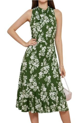 Damen Hoher Taille A Linie Kleid Ärmellos Kreuzrücken Cocktailkleid Grün-weiße Blumen 40 von GRACE KARIN