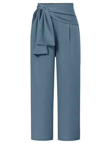 Damen Hose High Waist Gerade Lange Hosen Loose Einfarbig Pants Arbeitshose mit Gürtelverzierung Grau Blau L von GRACE KARIN