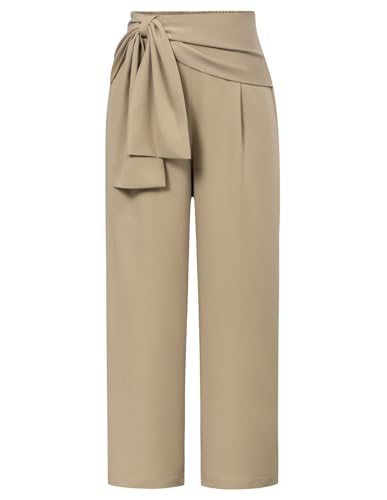 Damen Hose High Waist Gerade Lange Hosen Loose Einfarbig Pants Arbeitshose mit Gürtelverzierung Khaki L von GRACE KARIN