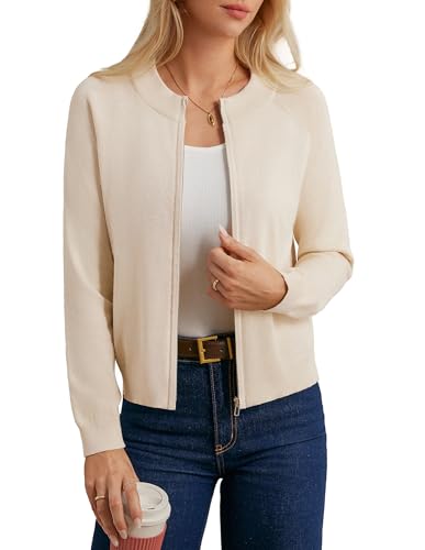 Damen Klassische Gerade Strickjacke Rundhals Gerippte Cardigan Einfarbige Business Büro Jacke mit Taschen Aprikose M von GRACE KARIN