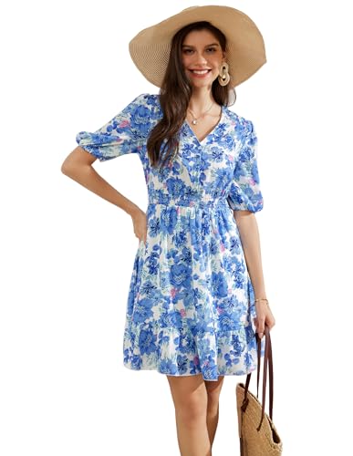 Damen-Kleid elegant geblümt A-Linie kurzärmelig V-Ausschnitt Urlaub Bohemian-Chic L Blaue Blumen auf Weiß von GRACE KARIN