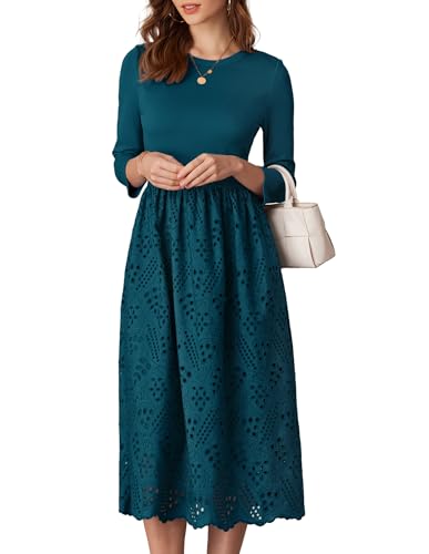 Damen Kleid mit Lochmuster Bestickt Lässiges Herbstkleid Empire Taille A-Linie Midikleid mit 3/4 Ärmeln Dunkelblaugrün XXL von GRACE KARIN