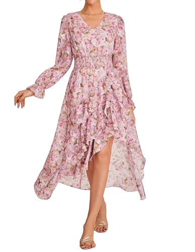 Damen Kleider A-Linien Langarm Blumenkleid V-Ausschnitt Sommerkleid Damen Leicht und Luftig Kleider für Hochzeitsgäste Rote Blume S von GRACE KARIN