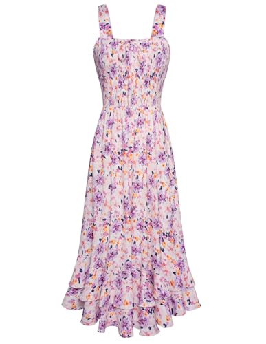 Damen Kleider Elegant A-Linie Blumen Kleid Ärmellos Maxikleid Spaghettiträger Kleid Strandwear Holidy L Gelbe Violette Blume von GRACE KARIN