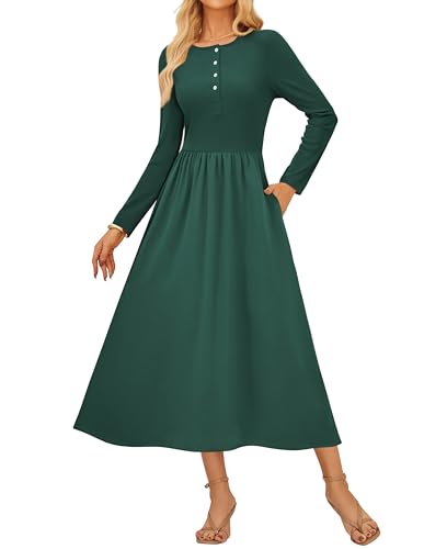 Damen Kleider Elegant A-Linie Rundhals Kleid Damen Herbst Lang mit Tasche Business Outfit Dunkelgrün M von GRACE KARIN