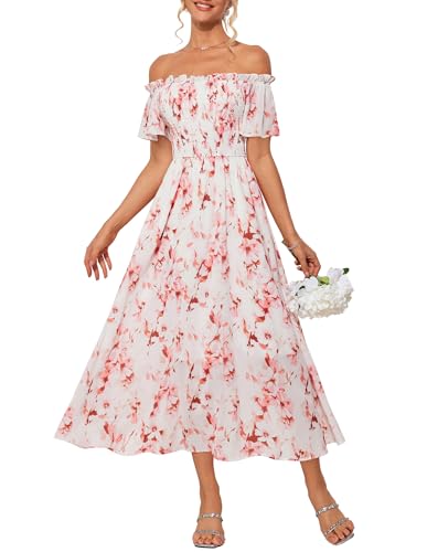 Damen Kleider Elegant A-Linien Hochzeitskleid Gast Lang Blumen Maxikleider mit Taschen Freizeitkleid Weiß-Rosa Blume XXL von GRACE KARIN