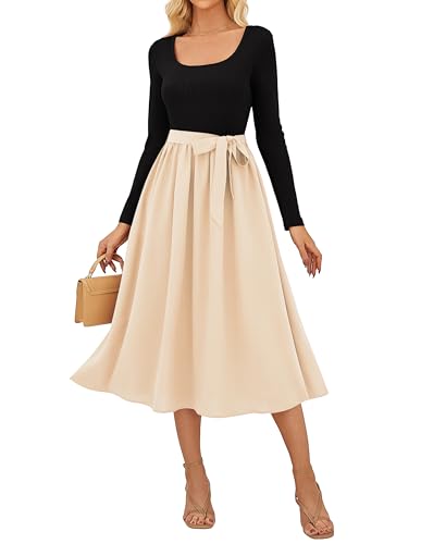 Festliche Kleider für Damen A-Linie Midi Langarm Rockabilly Kleider Damen Elegant Cocktailkleid Hochzeitsgast Schwarz-Aprikose XL von GRACE KARIN