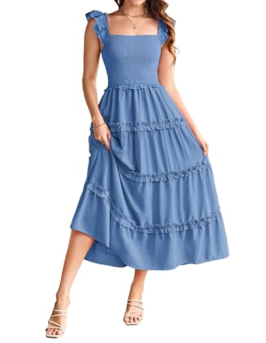 Damen Kleider Elegant Rüschen Flügelärmeln Freizeit Boho A-Linie Maxikleid mit Taschen CLK028-5/Denim Blau M von GRACE KARIN