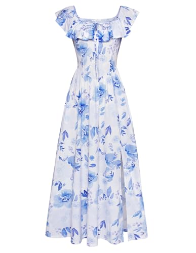Damen Kleider Elegant Rüschen Schulterfrei Boho A-Linie Schlitz Maxikleid Sommer mit Taschen CL0213-01/Lila Blau M von GRACE KARIN